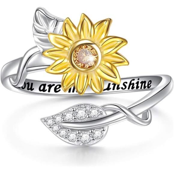 Sunflower Ring Sterling Silver You are My Sunshine CZ Ring 100 Languages - Picture 1 of 7